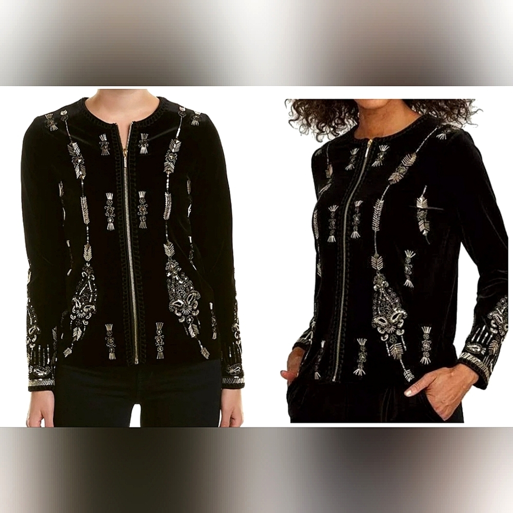 Joan Vass Black Velvet Embellished Blazer Jacket Beaded Sequin Stud Runway